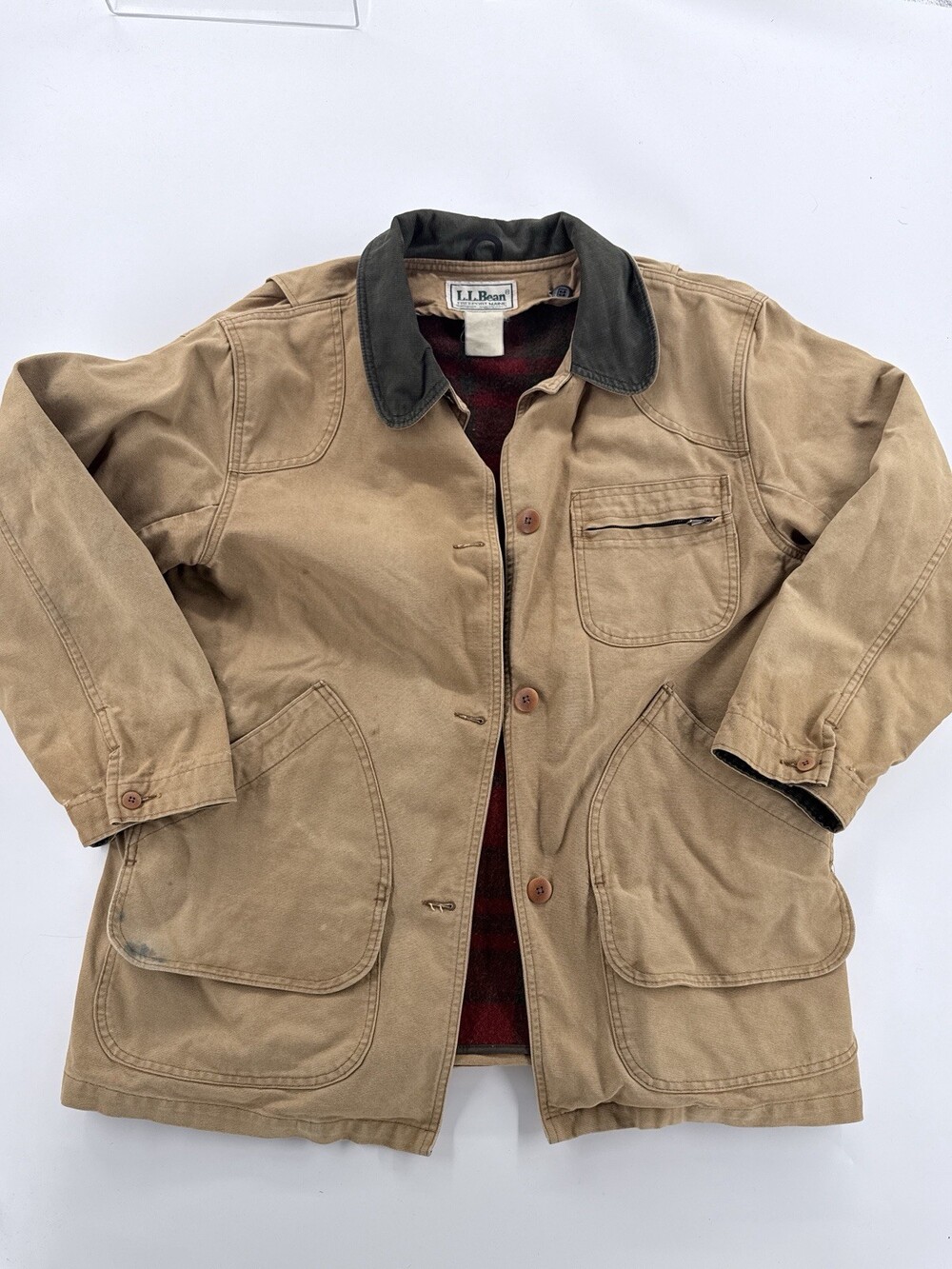 Vintage L.L. Bean Tan Canvas Field Jacket Green Corduroy Collar Plaid Lined XL